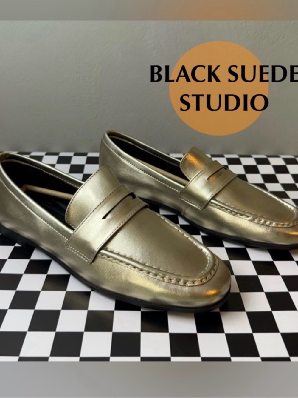 Black Suede Studio Metallic Gold Penny Loafers - Women's Flats